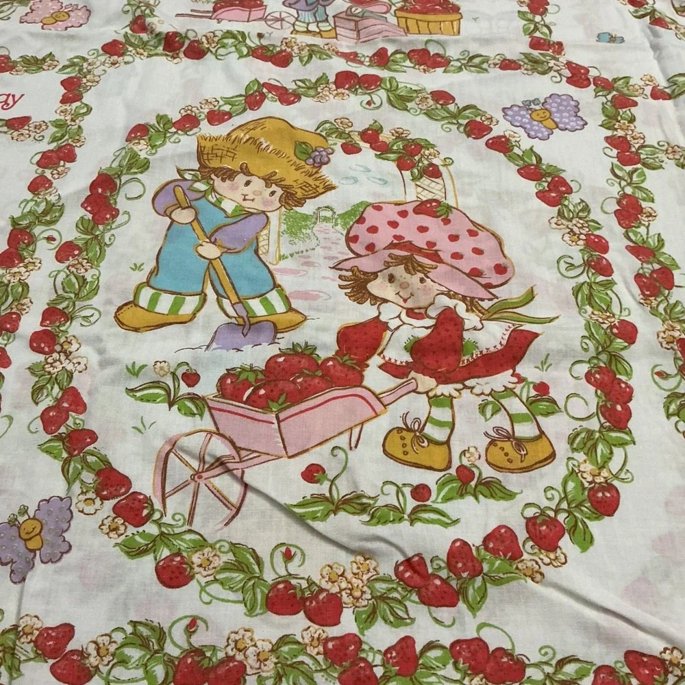 Vintage Strawberry Shortcake Twin Flat Fitted Sheet Set JCPenney 1980s Upcycle